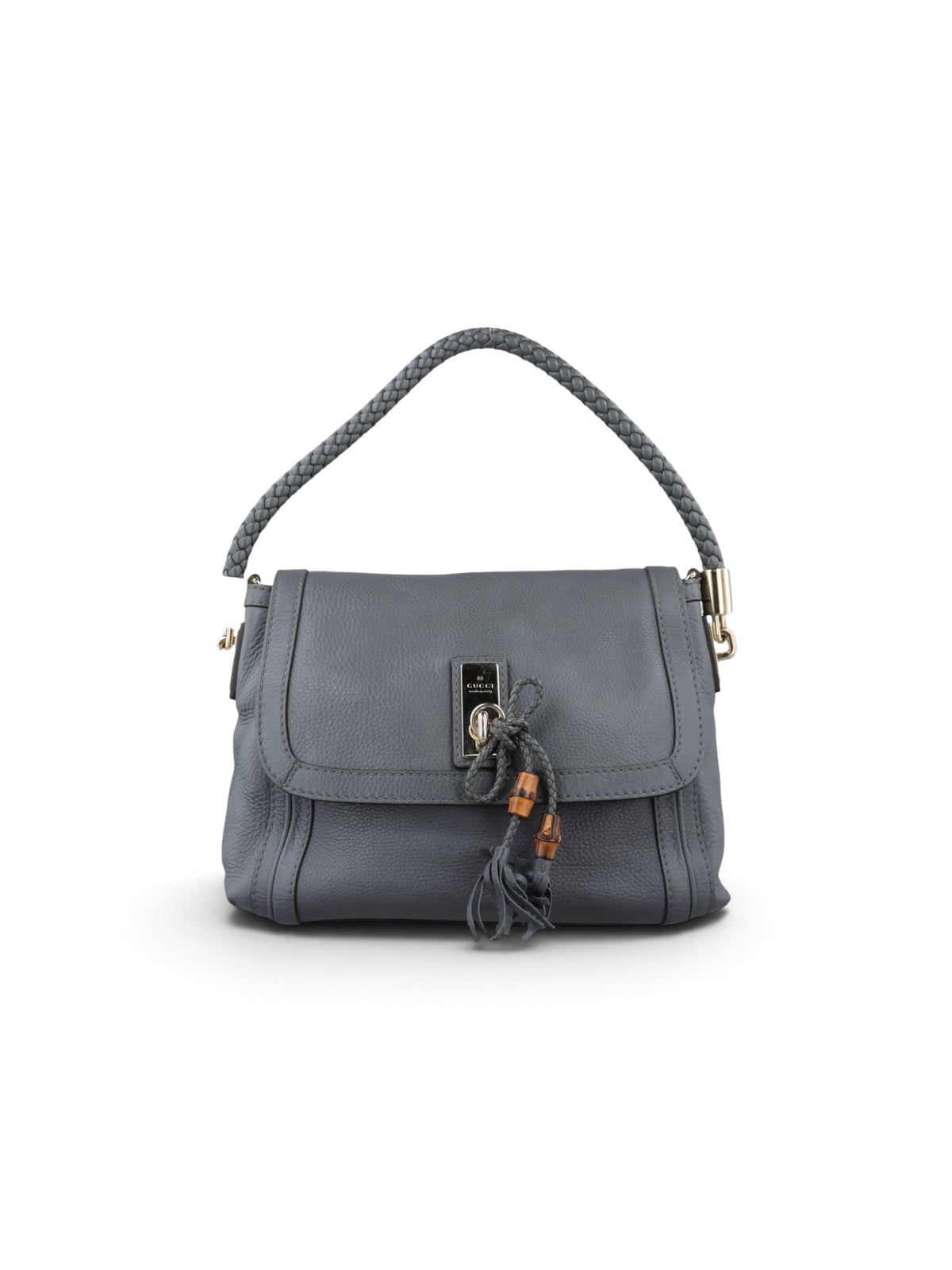 Gucci Bella Leather Shoulder Bag – Grey | Braided Handle & Bamboo Tassels | Pre-Owned Luxury